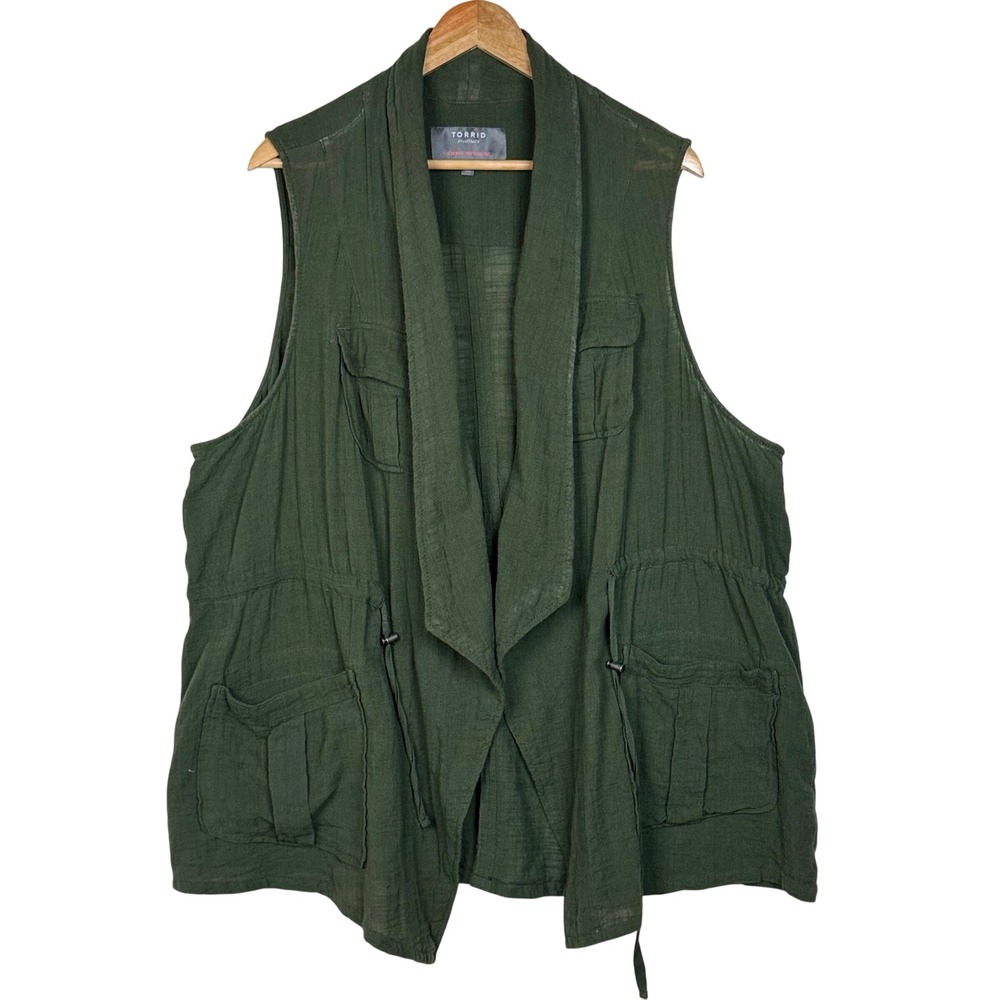 Torrid Vest Gauze Open Front Utility Vest Women Plus Size 4X Olive Green Boho